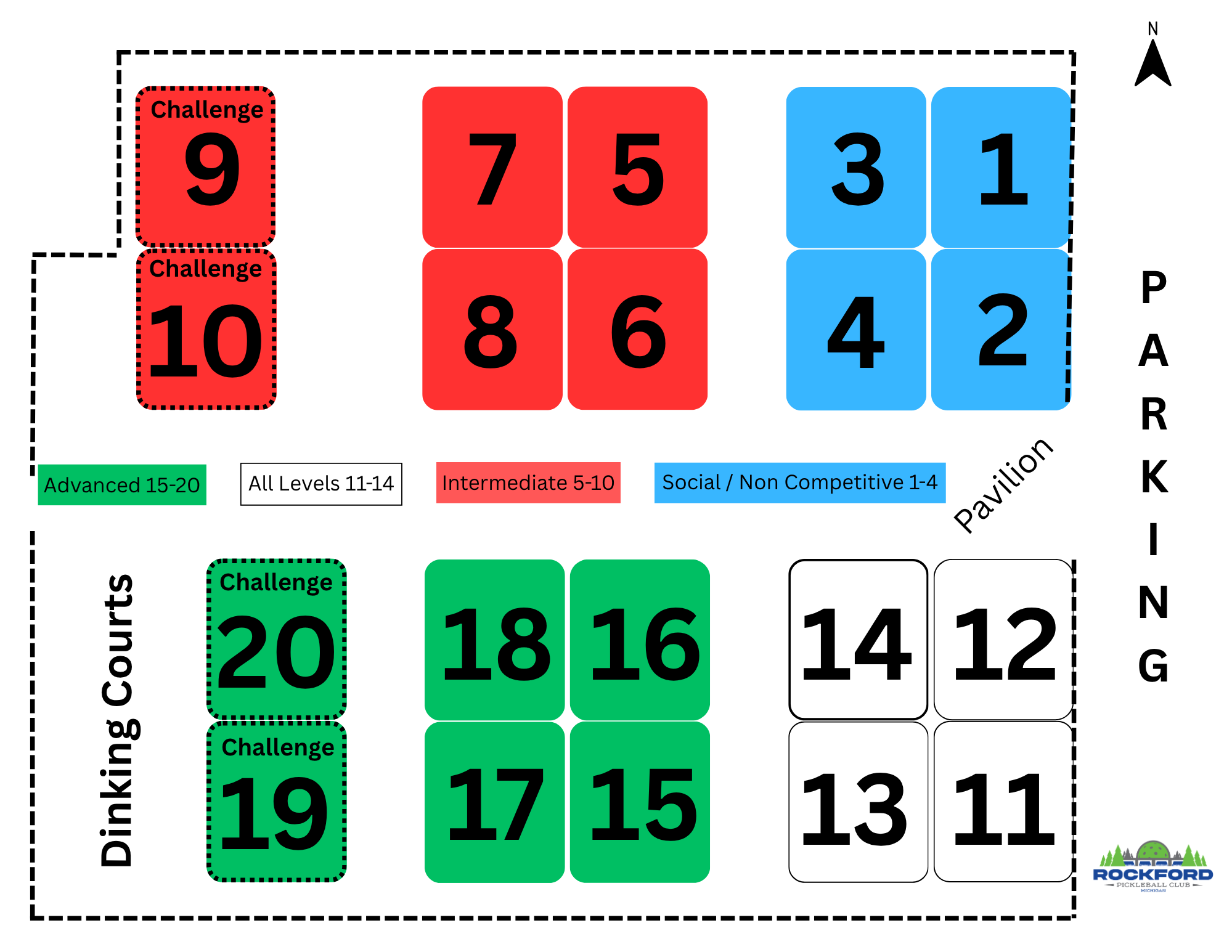 Court layout map showing skill level zones across all 20 courts at the Meijer Sports Complex